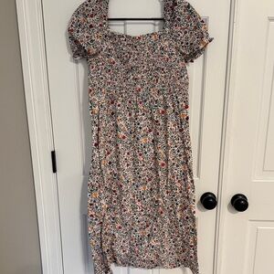 Ann Taylor Factory Cream Floral Midi Dress with Red & Yellow Accents